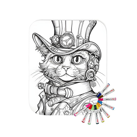 Cozy blanket featuring an intricate steampunk cat illustration, perfect for adult coloring enthusiasts