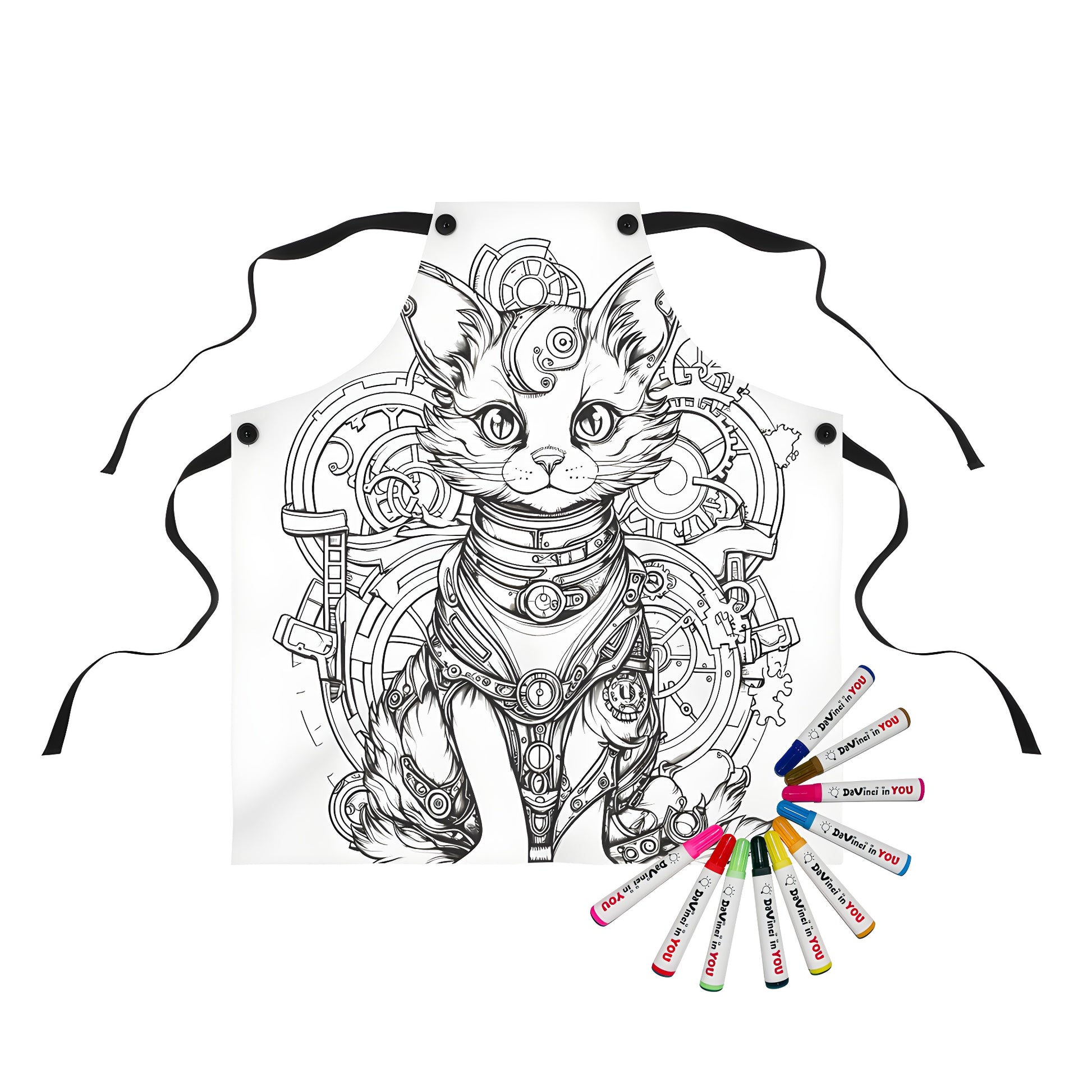 Aprons with steampunk cat designs, coloring pages, fabric markers