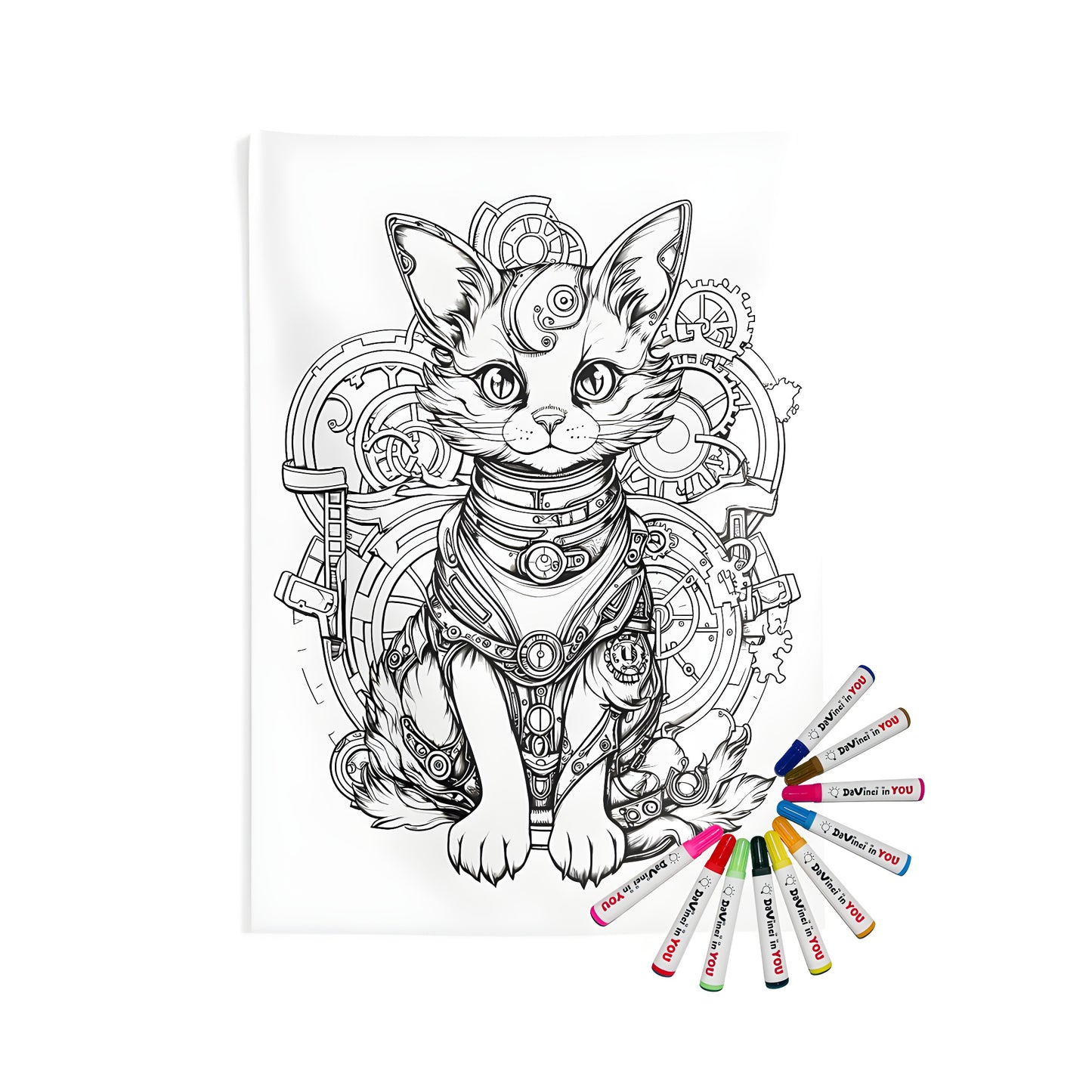 Indoor wall tapestries featuring a steampunk cat design, intricate gears and mechanical details, ideal for home decor