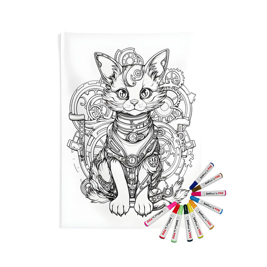 Indoor wall tapestries featuring a steampunk cat design, intricate gears and mechanical details, ideal for home decor
