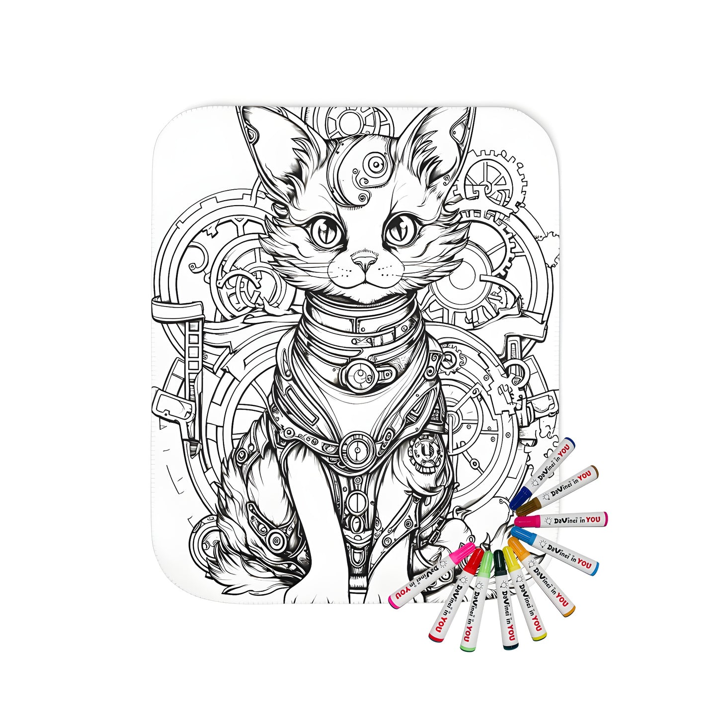 Gentle blanket featuring an intricate steampunk cat design with gears and mechanical details