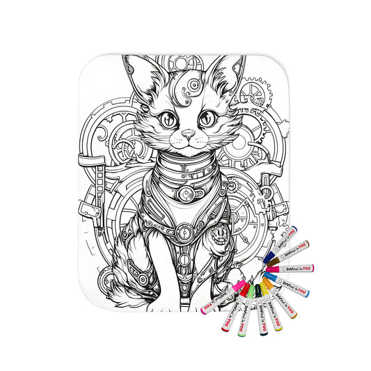 Gentle blanket featuring an intricate steampunk cat design with gears and mechanical details