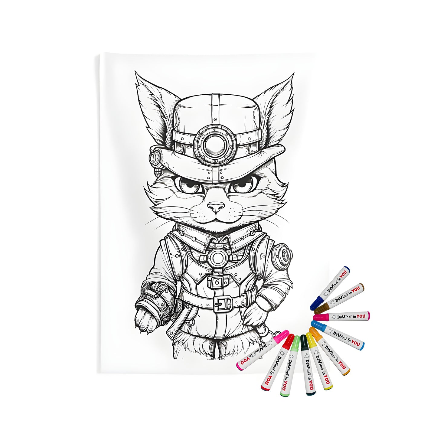 Indoor Wall Tapestry with Steampunk Cat Design, Fantasy Exploration Theme