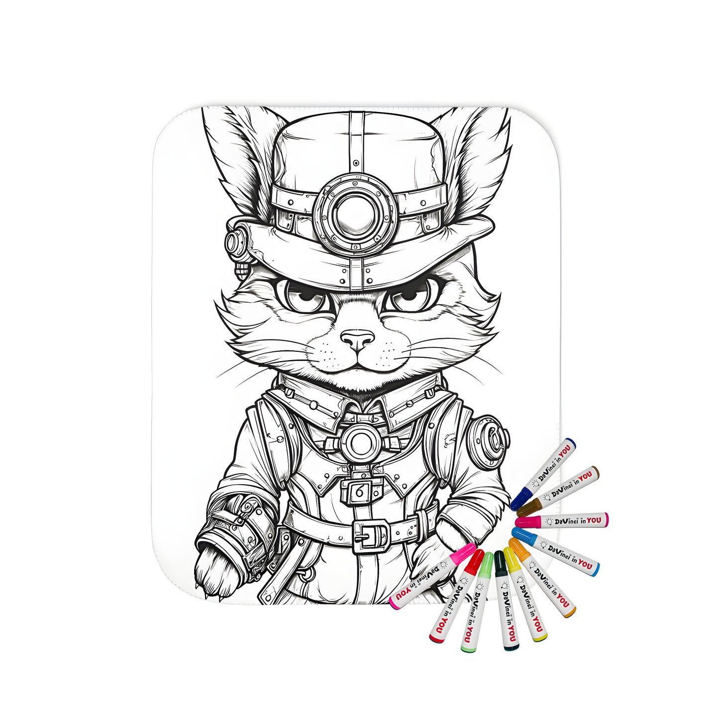 Blanket with adventurer cat design, steampunk cat, fantasy cat, explorer cat, mechanical cat, detailed line drawing of cat