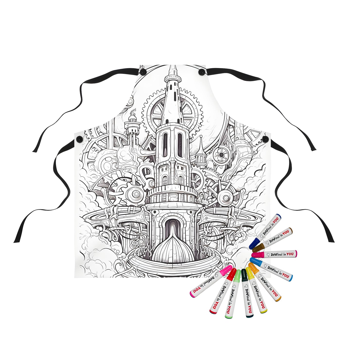 Apron with intricate steampunk architecture design featuring towers and gears