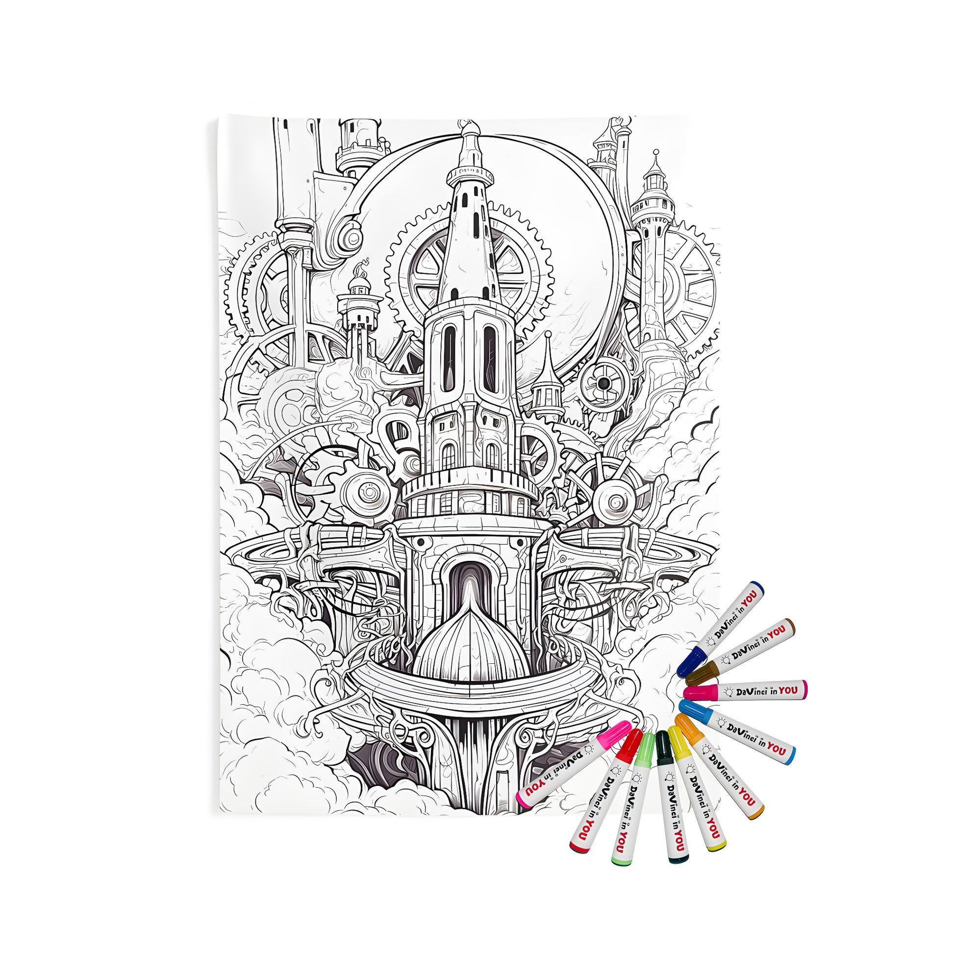 Indoor wall tapestries art featuring intricate steampunk architecture with towers, gears, and pipes in a fantasy industrial design.