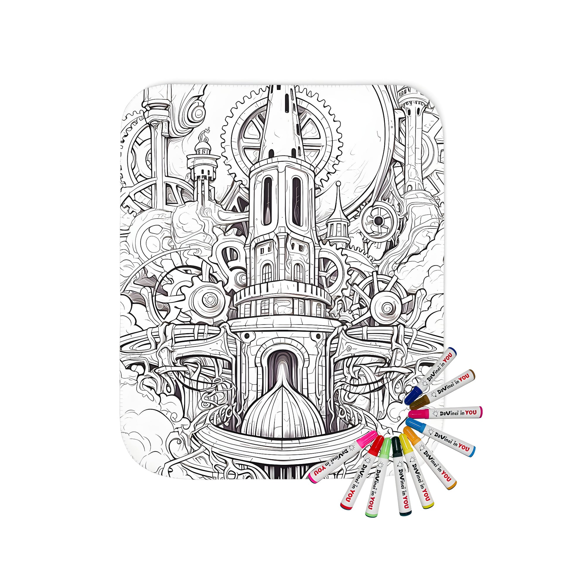 Coloring blanket featuring intricate steampunk architecture with towers, gears, and pipes surrounded by clouds