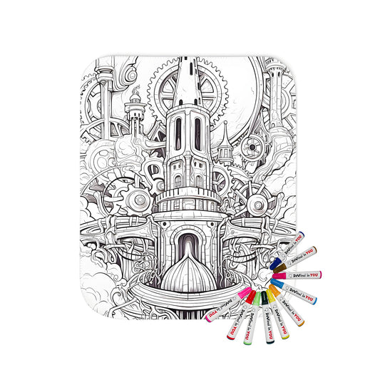 Coloring blanket featuring intricate steampunk architecture with towers, gears, and pipes surrounded by clouds
