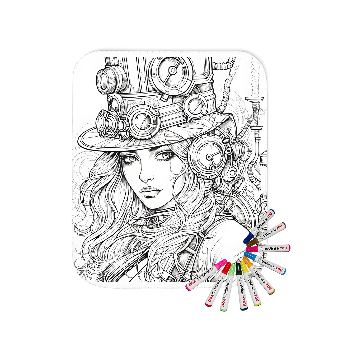 Steampunk-inspired blanket for adults with intricate details of a mechanical hat adorned with gears