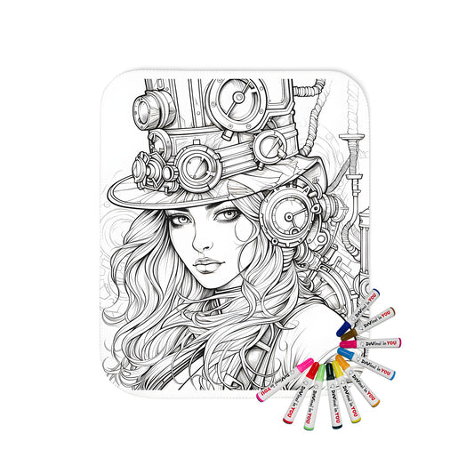 Steampunk-inspired blanket for adults with intricate details of a mechanical hat adorned with gears