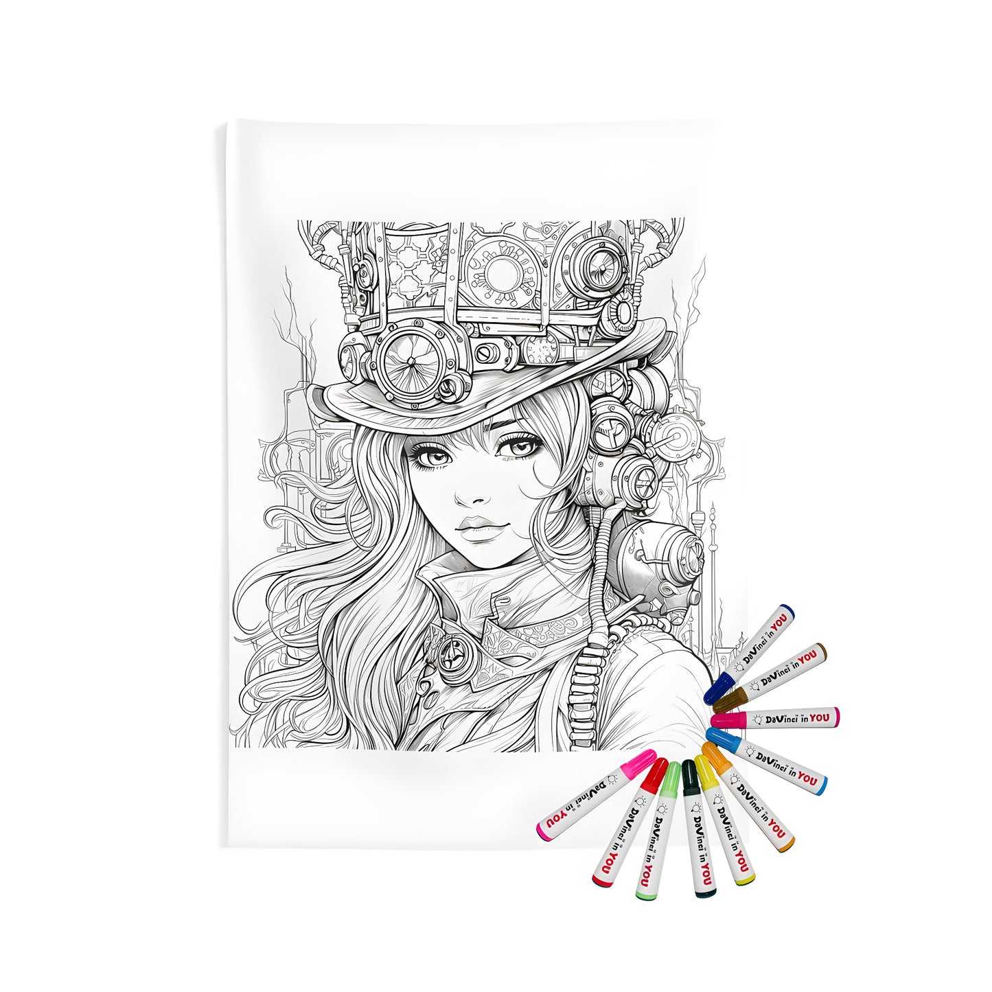 Indoor wall tapestry with steampunk-inspired, intricate gear and machinery design, perfect for bohemian home decor. Girl in victorian attire with gears on her hat creates an elegant and creative atmosphere.