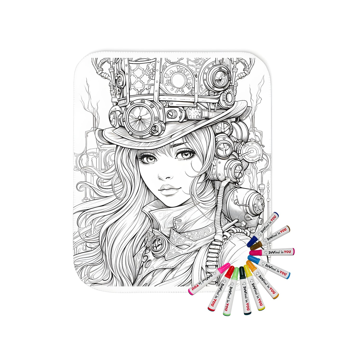 Coloring kit for adults featuring a steampunk-inspired blanket design. Includes fabric markers to bring out intricate details of girl with gears and machinery on her hat