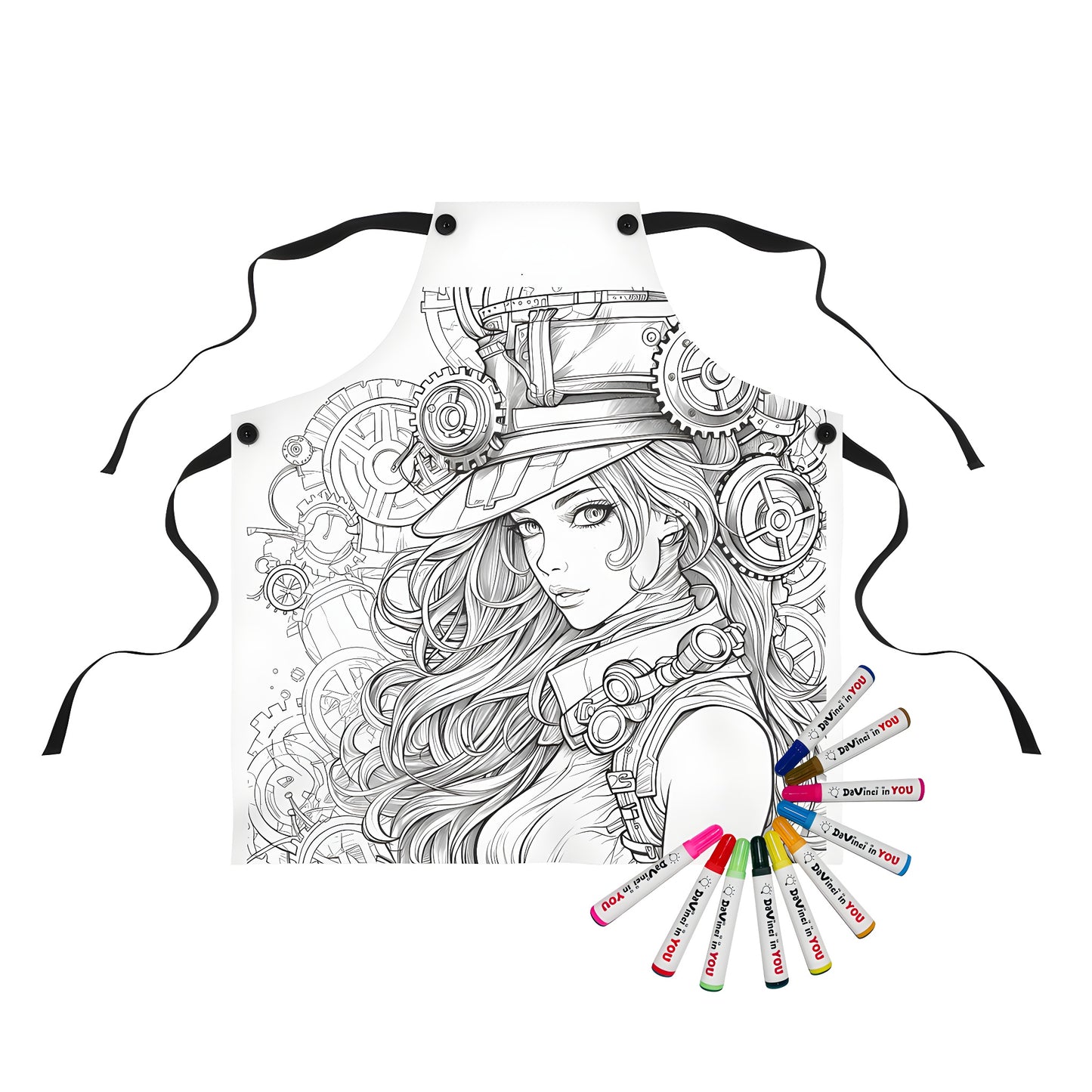 Apron with intricate line art design of steampunk girl, gears and cogs