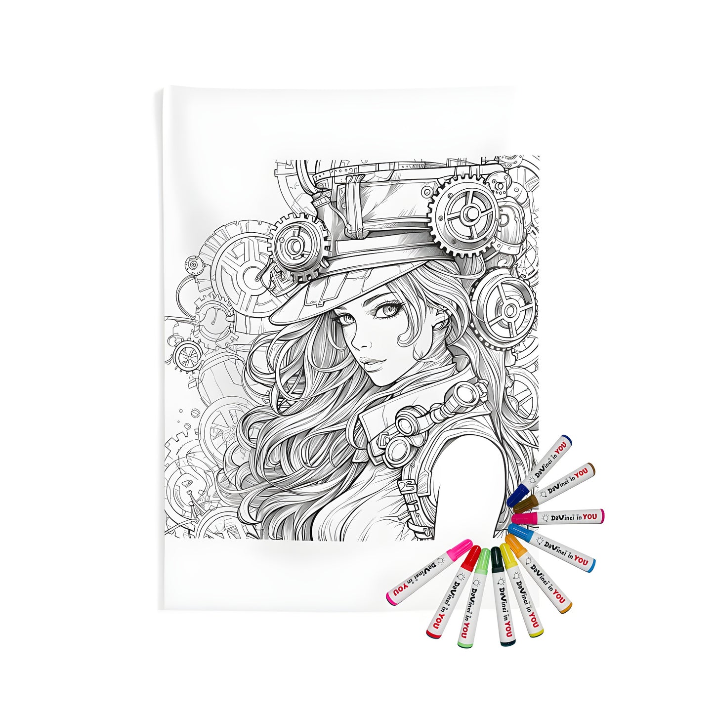 Intricate line art girl steampunk attire gears cogs mechanical artistic elements indoor wall tapestries