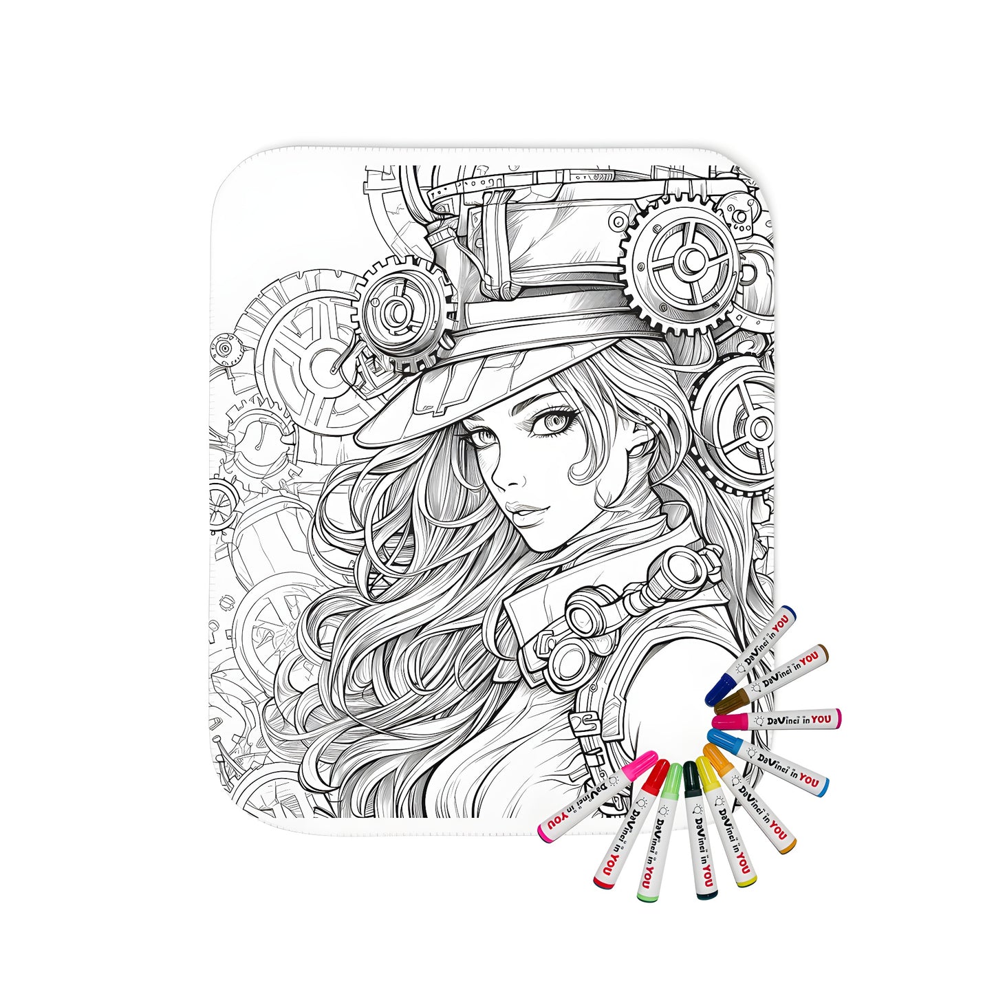 Intricate steampunk inspired girl blanket design with gears and cogs