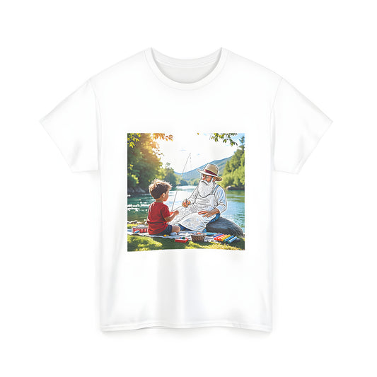 A colorful graphic t-shirt featuring a heartwarming scene of intergenerational bonding between a young boy and his grandfather while fishing by a river on a sunny day surrounded by nature's serenity