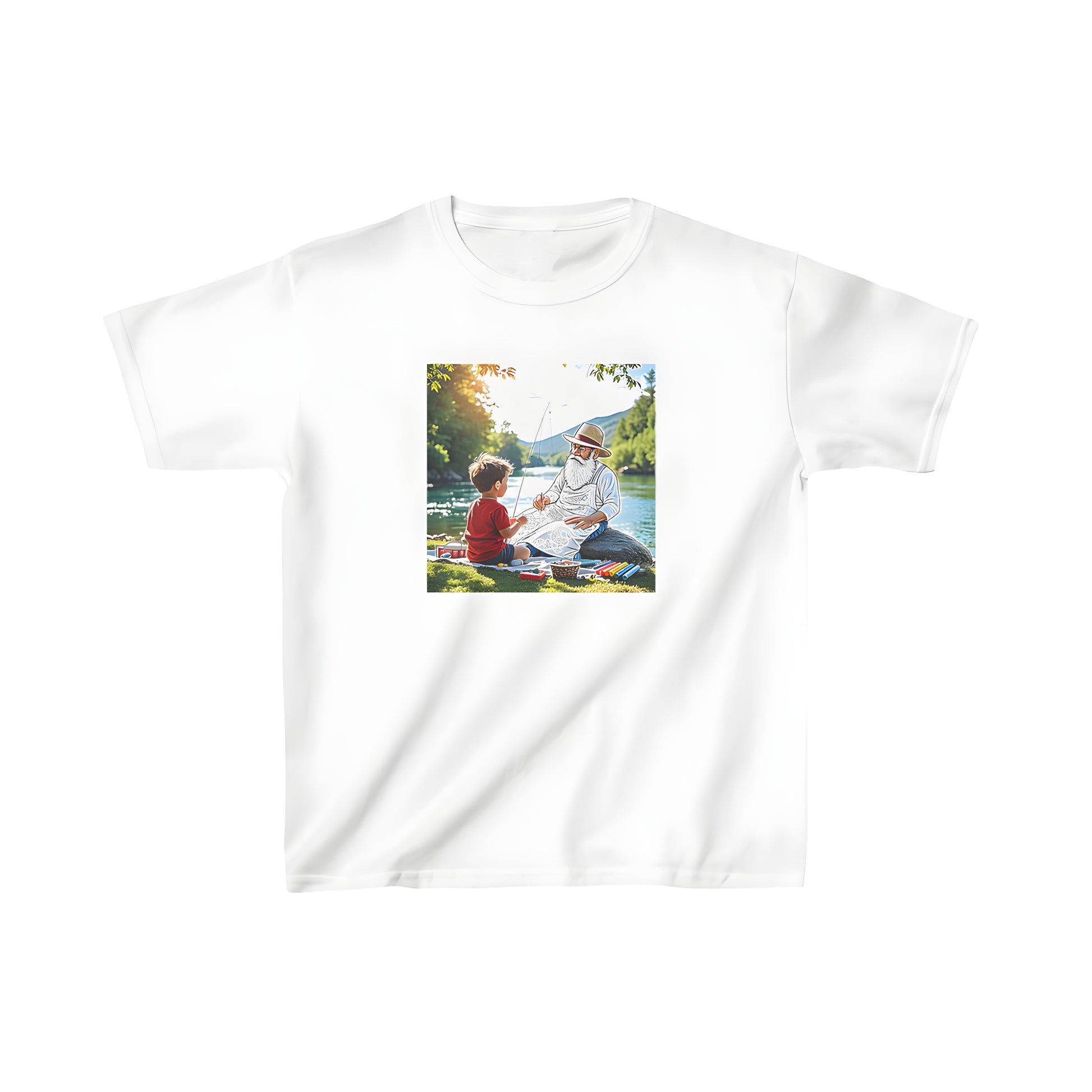 Colorful graphic t-shirt for kids featuring a young boy and grandfather having fun fishing by a river