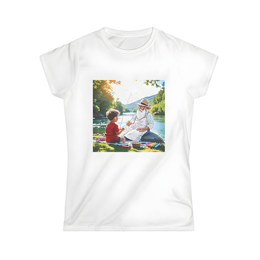 Women's graphic t-shirt with colorful print of boy and grandfather fishing