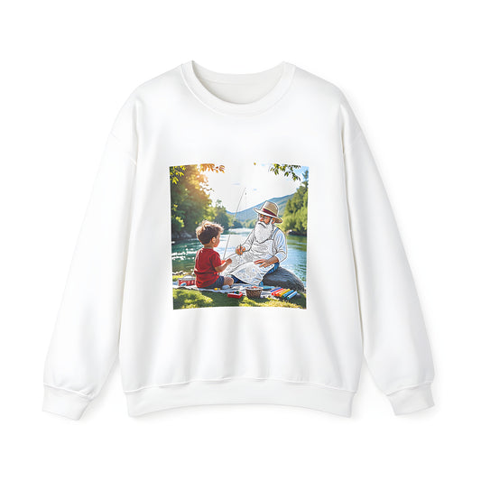 A colorful graphic sweatshirt with a heartwarming scene of intergenerational bonding between a young boy and his elderly grandfather, perfect for showing off your loved ones special bond.