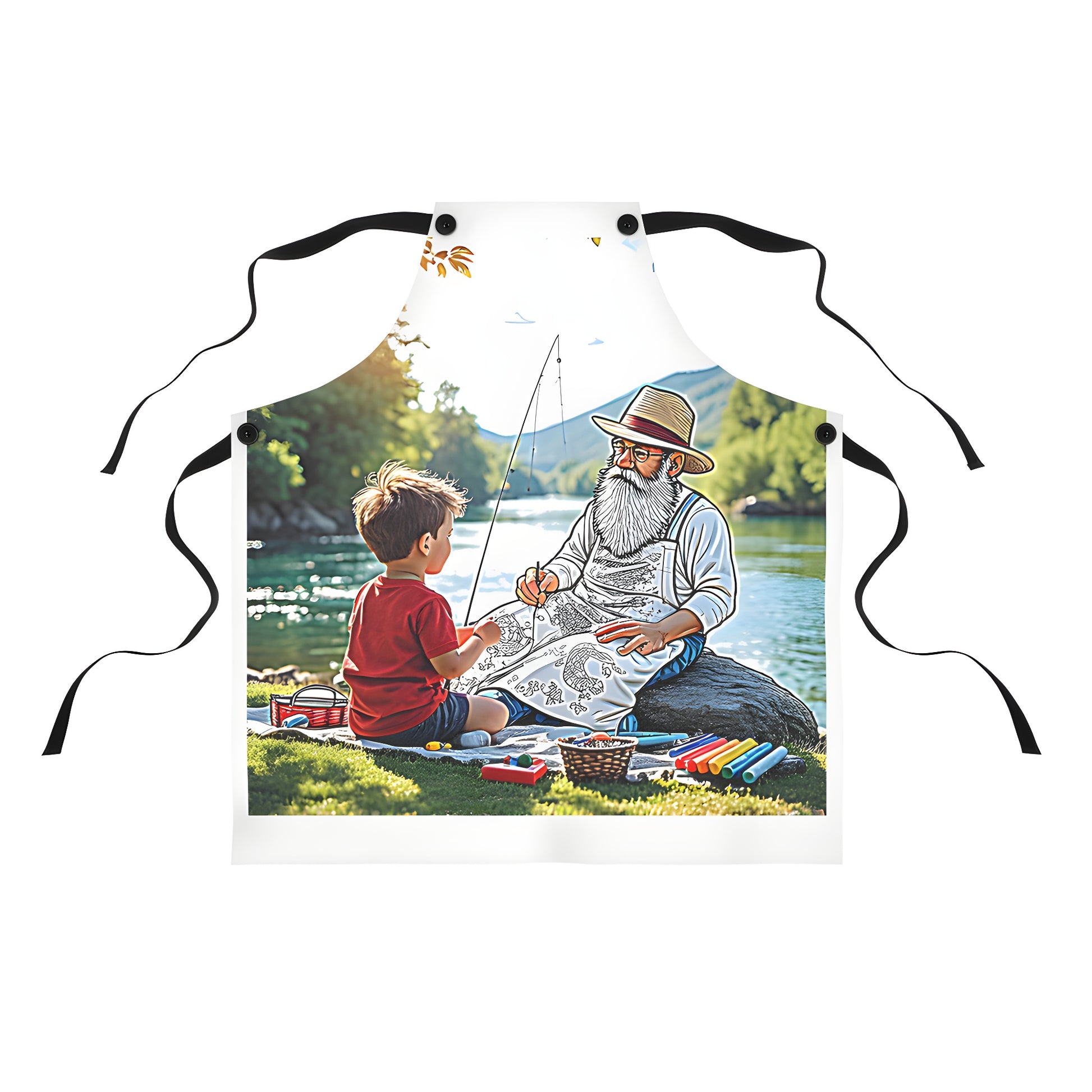 Colourful graphic apron with boy and elderly man fishing scene