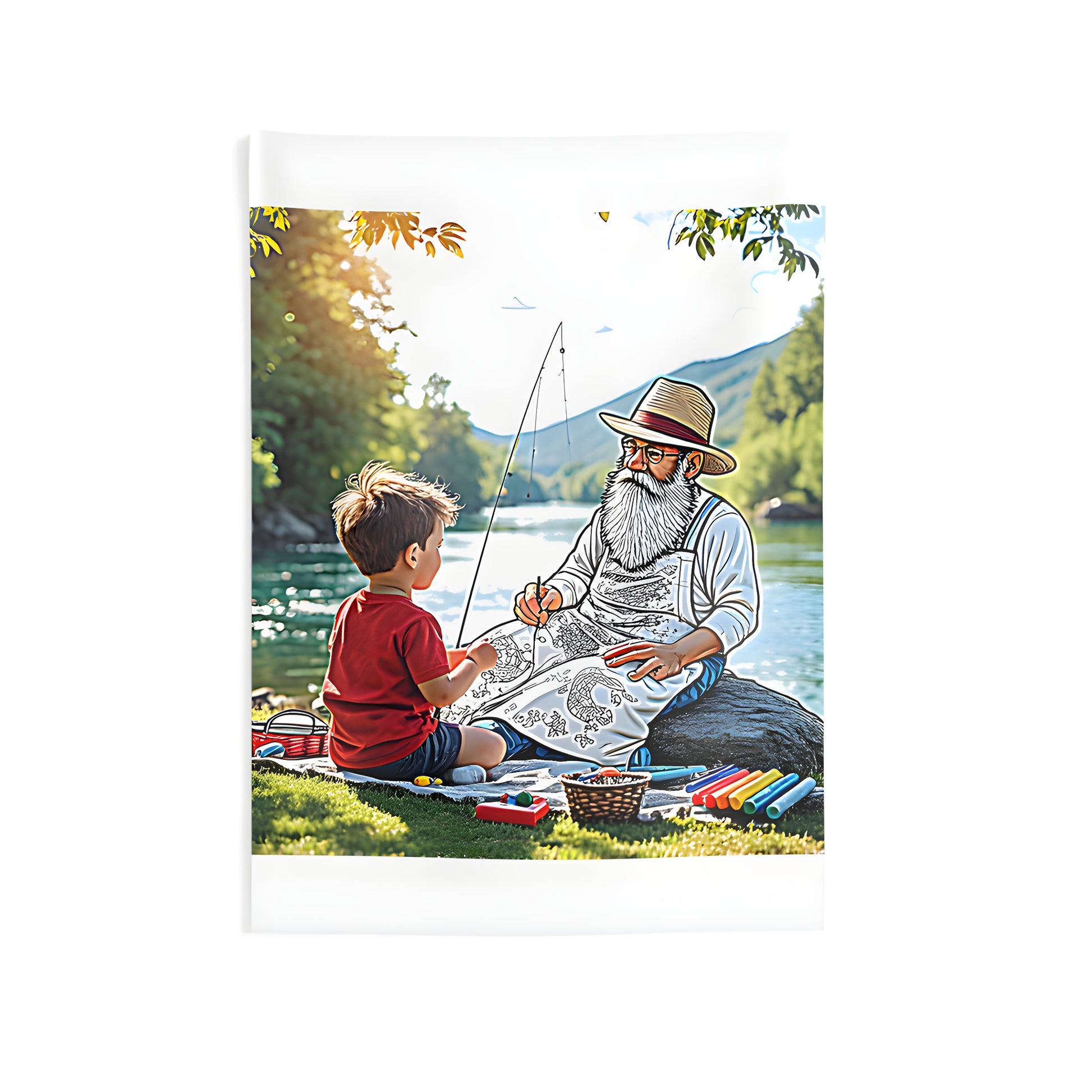 Vintage Grandpa Memories, Elderly Man and Boy Fishing by River - Colorful Graphic Design Indoor Wall Tapestry