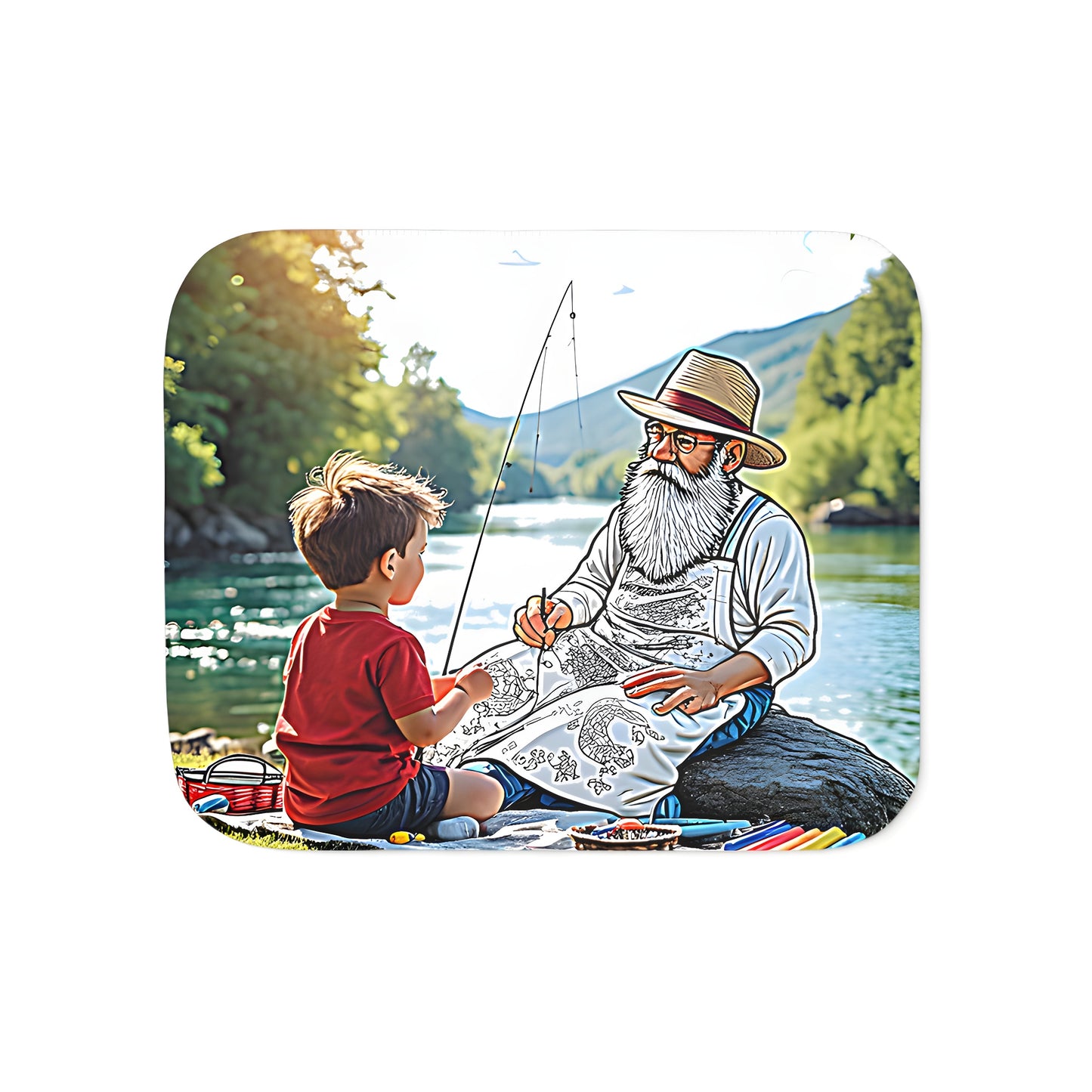 A young boy and his grandad enjoying quality time together, sitting by a river while fishing on a sunny day