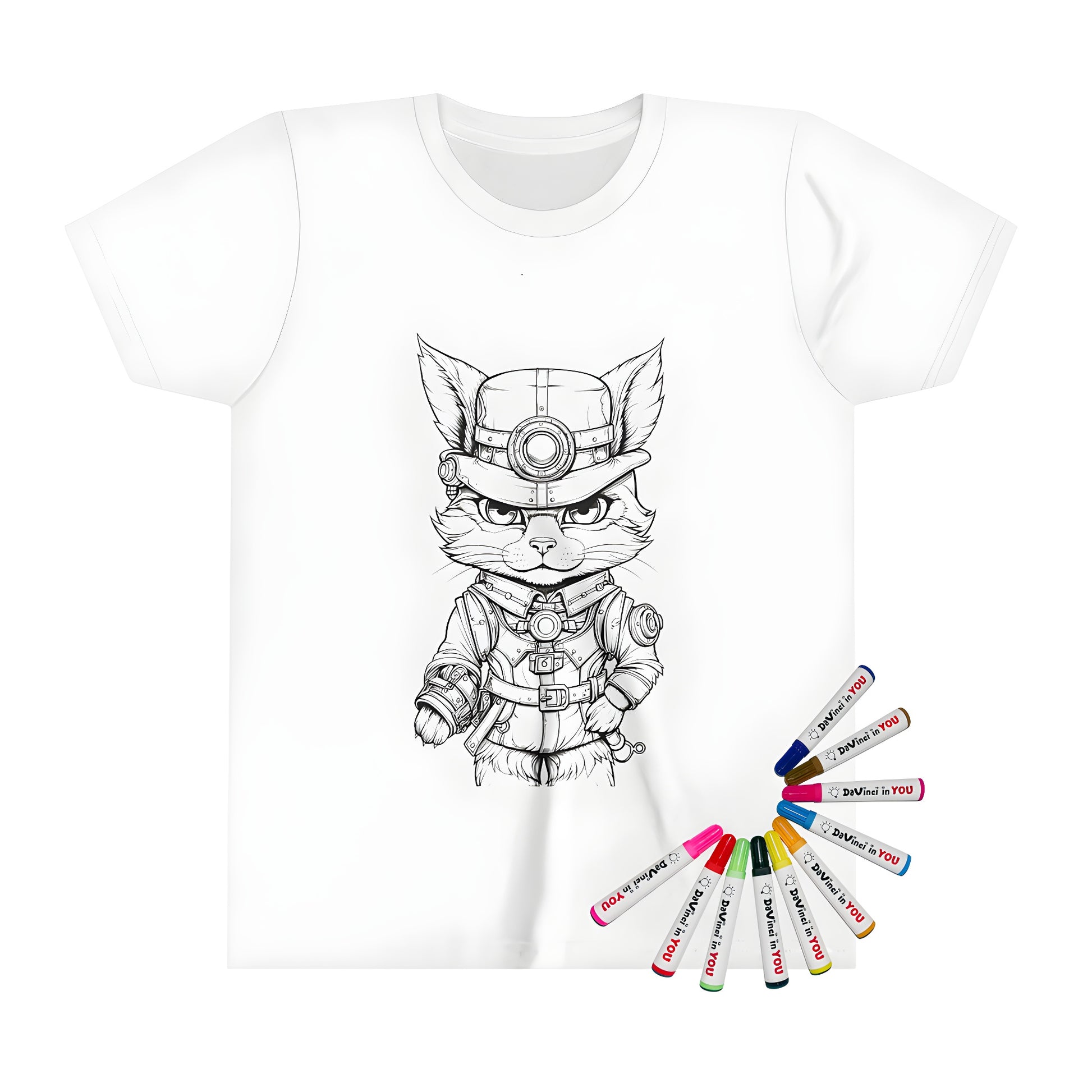 Colorful kid's t-shirt featuring a steampunk cat adventurer design