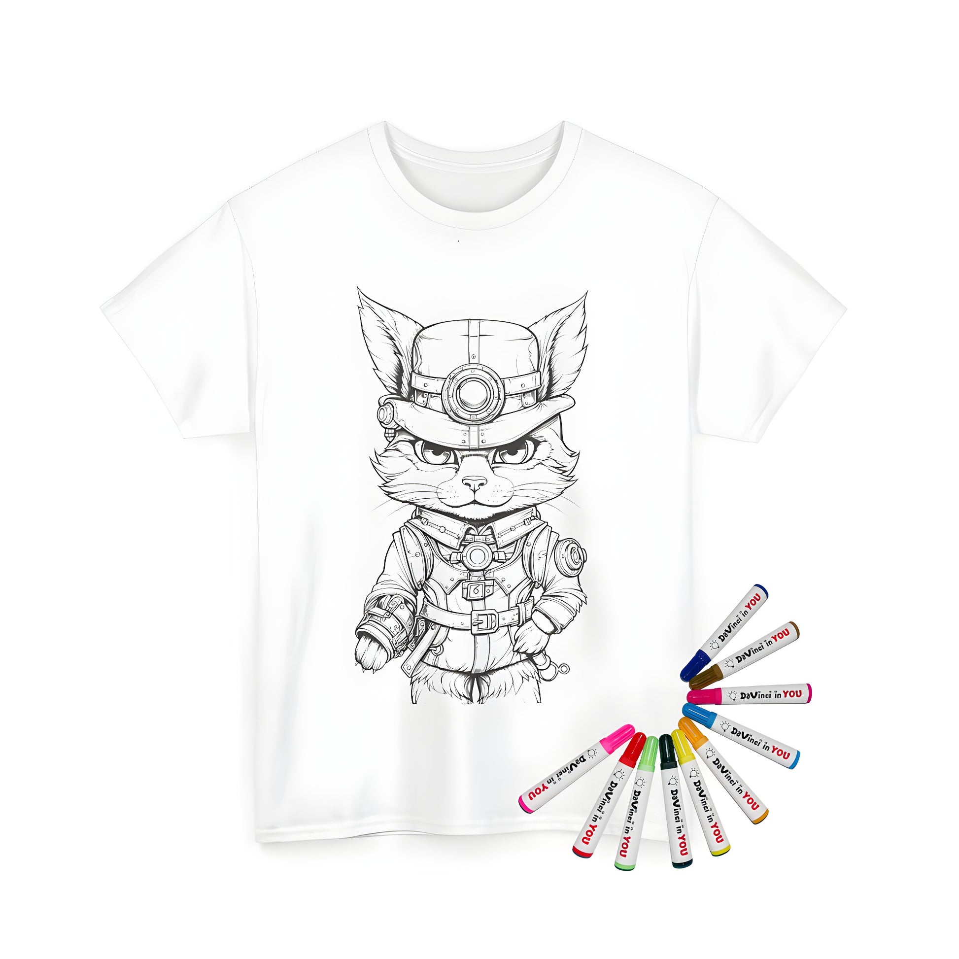 Unisex t-shirt featuring a detailed line drawing of a steampunk cat adventurer