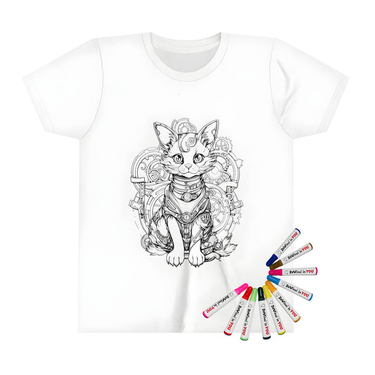 Kid's t-shirt featuring a steampunk cat design with intricate gears and mechanical collar