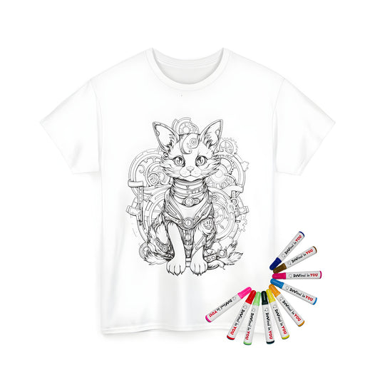 Steampunk-inspired cat coloring page on a unisex t-shirt with intricate gear details and mechanical collar