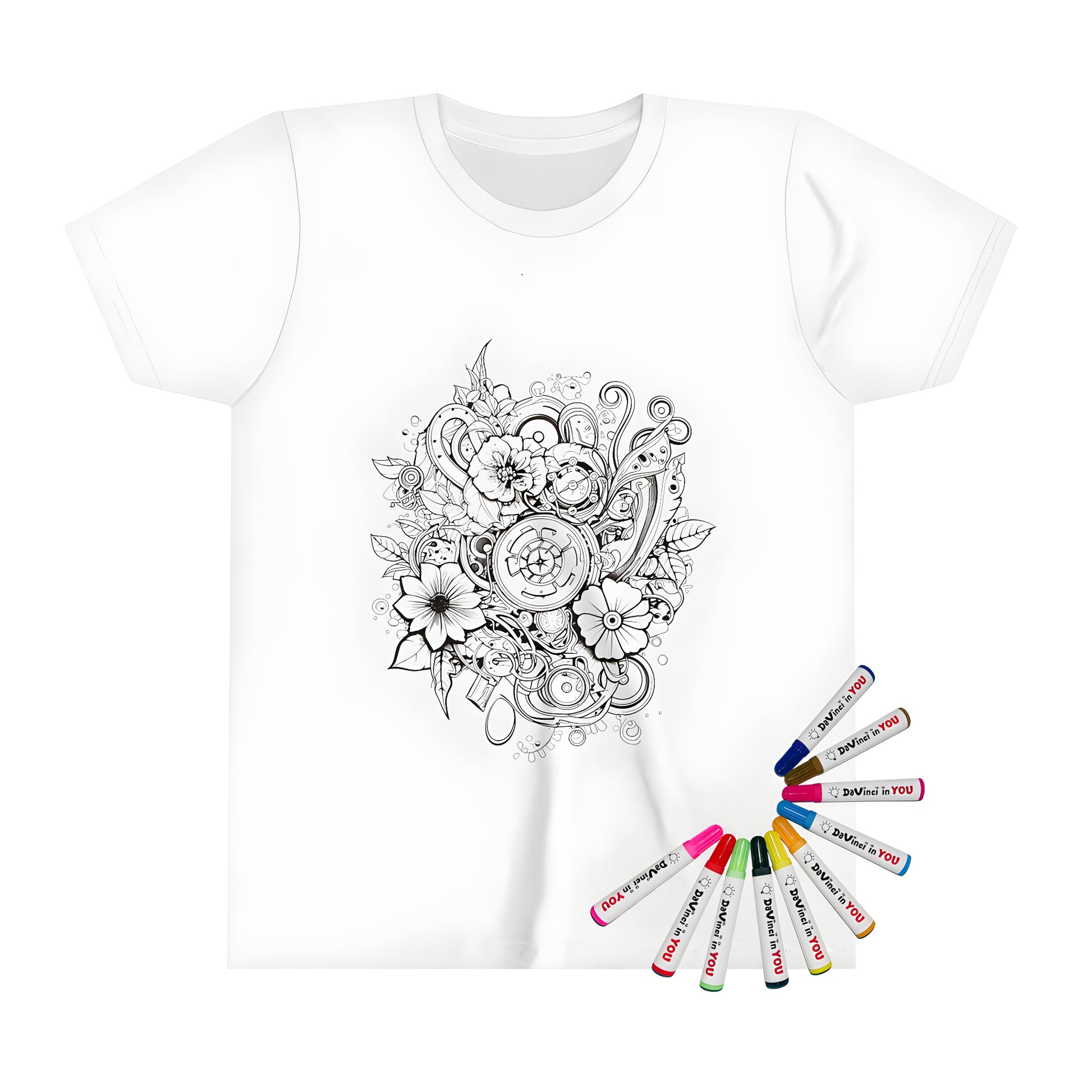 Kid's t-shirt with intricate floral pattern, abstract flowers, leaves, and swirling designs for a fun coloring kit