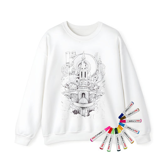 Adult sweatshirt featuring intricate steampunk architecture design, including towers, gears, and pipes surrounded by clouds.