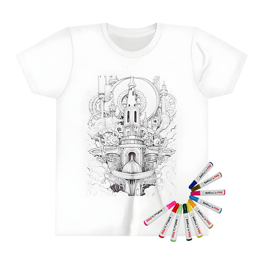 Intricate steampunk architecture coloring page on kid's t-shirt featuring towers, gears, and pipes surrounded by clouds