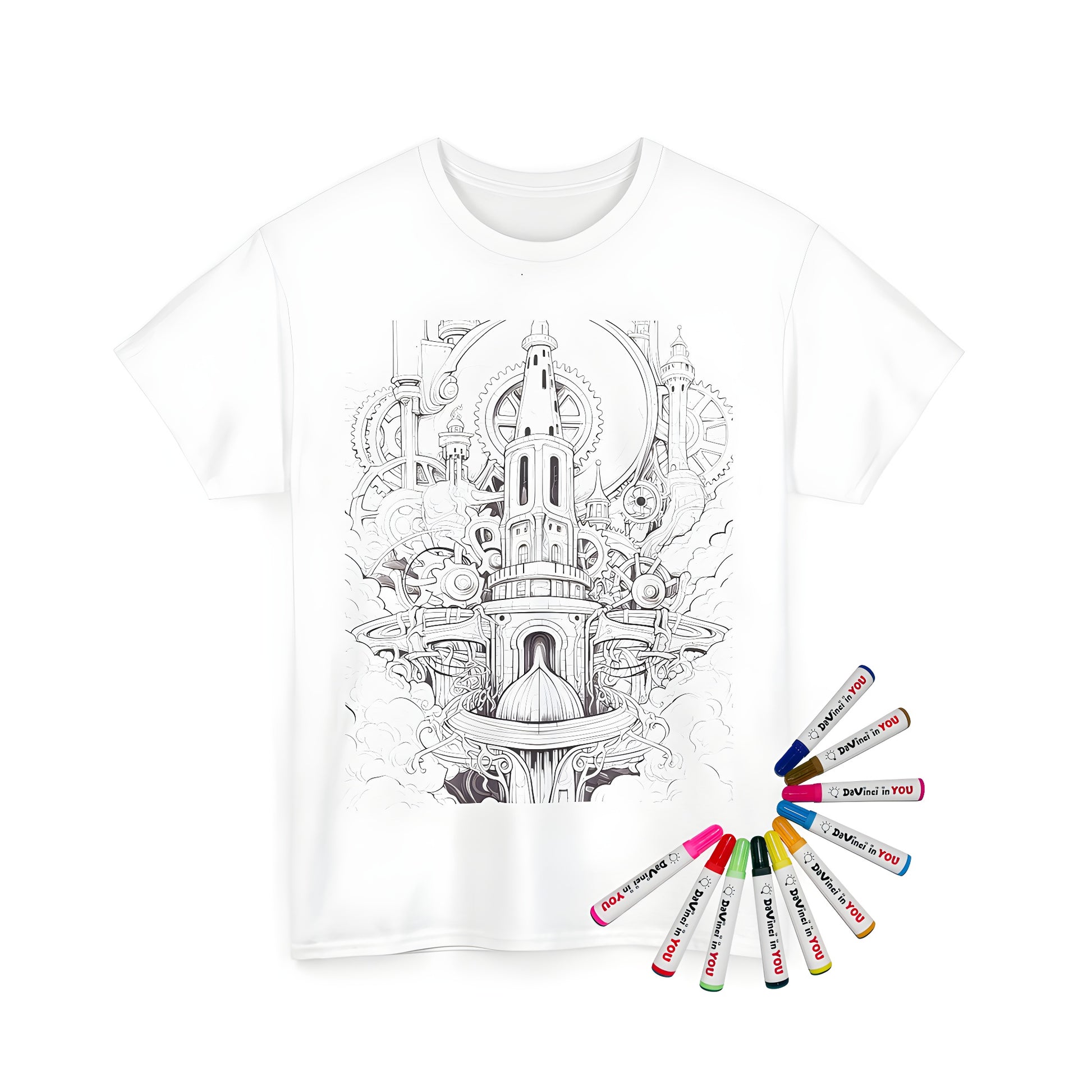 Unisex T-shirt featuring intricate steampunk architecture design with towers, gears, and pipes surrounded by clouds