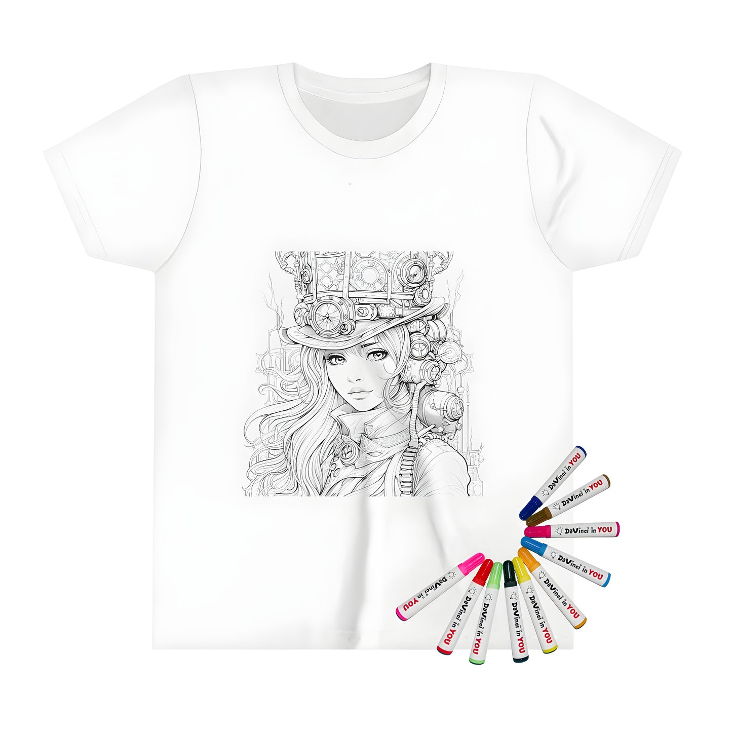 Detailed illustration of a girl in science fiction attire with gears and machinery on her hat, elegant and creative steampunk-inspired kid's t-shirt
