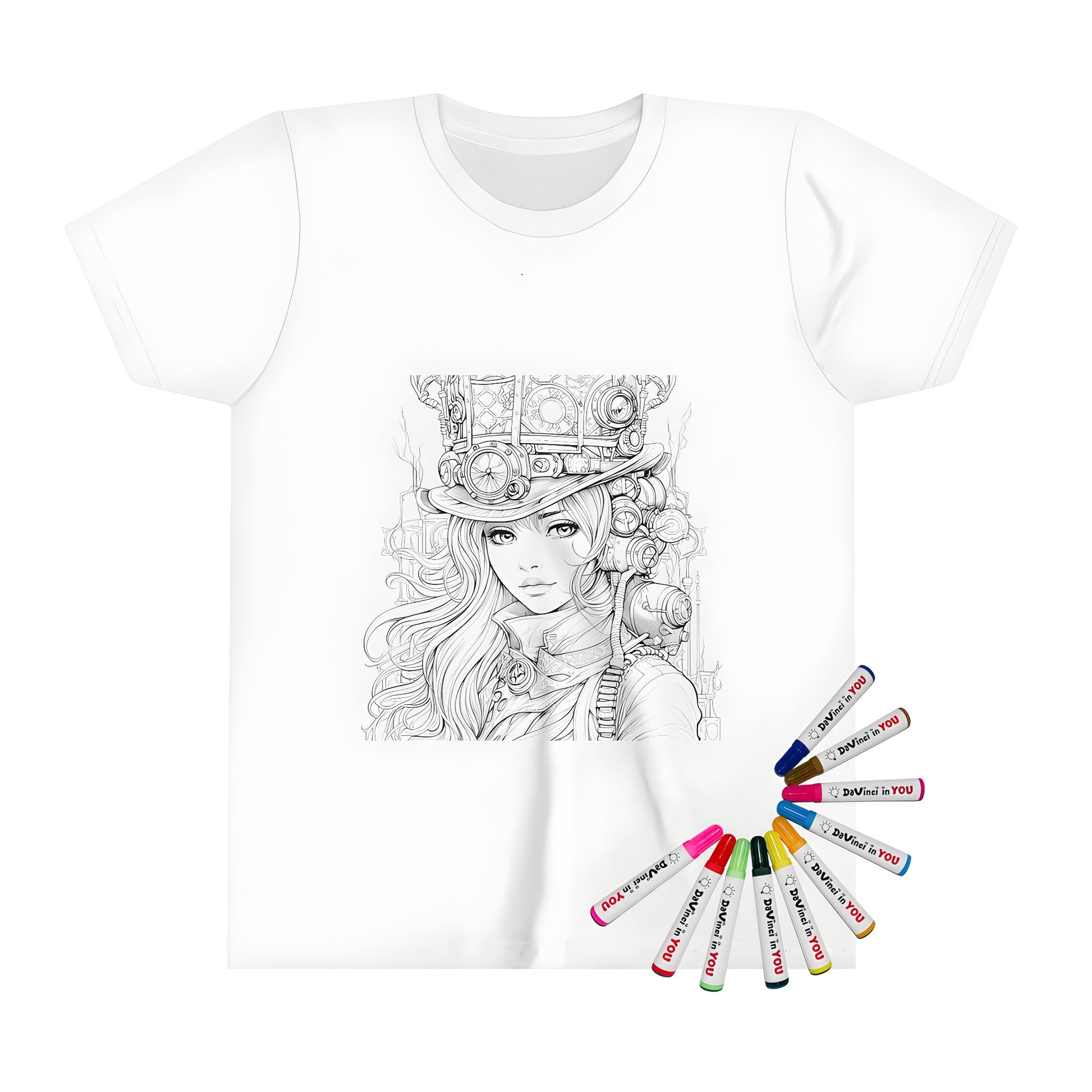 Detailed illustration of a girl in science fiction attire with gears and machinery on her hat, elegant and creative steampunk-inspired kid's t-shirt