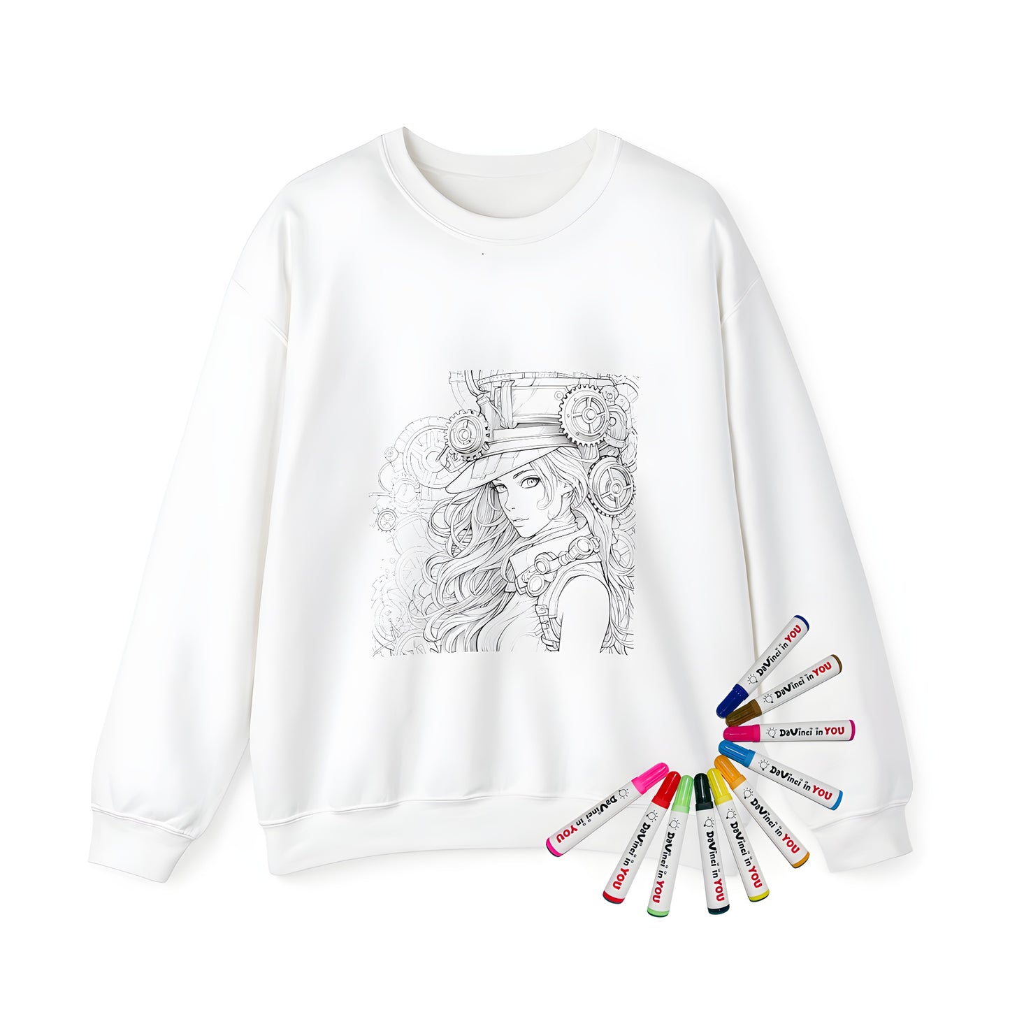 Adult sweatshirt featuring intricate line art of a steampunk girl surrounded by gears and cogs