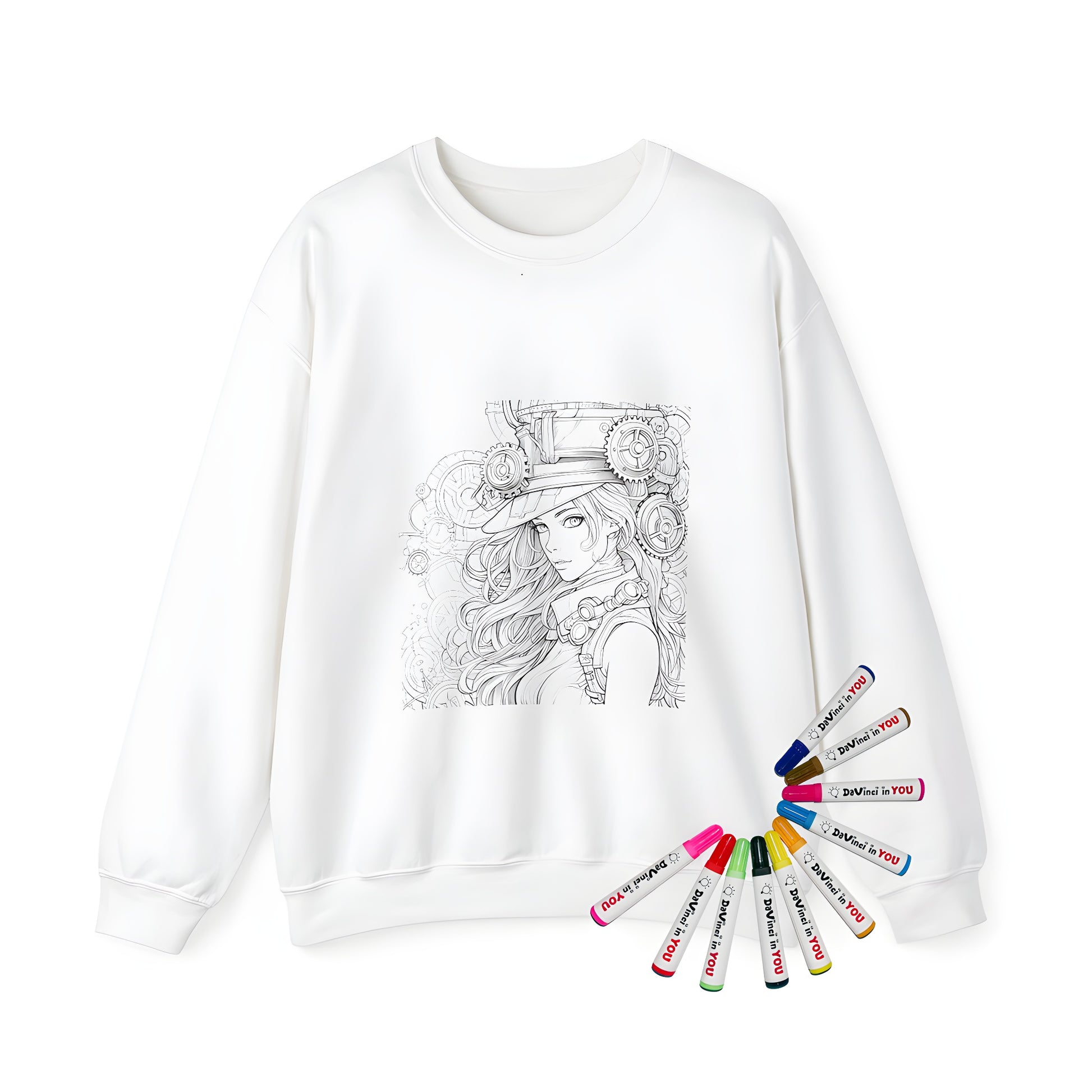 Adult sweatshirt featuring intricate line art of a steampunk girl surrounded by gears and cogs