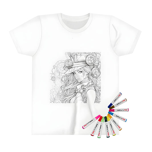 Colorful Kid's T-shirt featuring Intricate line art of a girl in steampunk attire, surrounded by gears and cogs