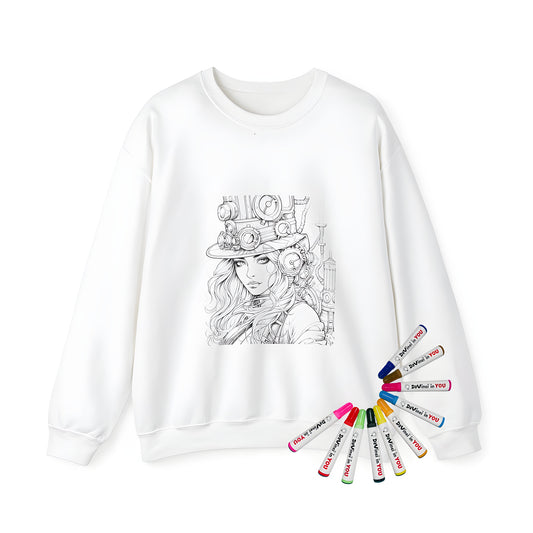 Adult sweatshirt featuring steampunk-inspired artwork of a woman in a mechanical hat adorned with gears