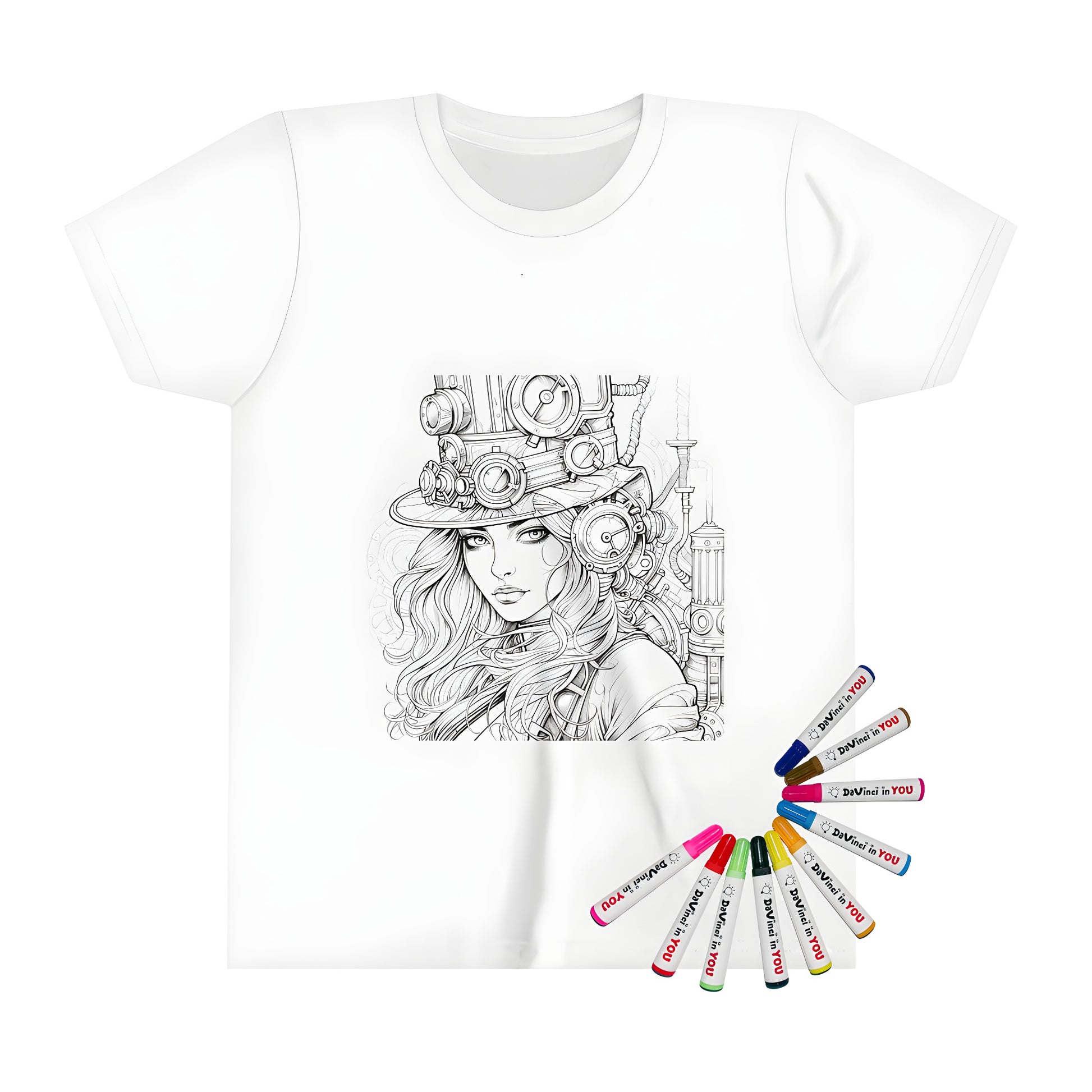 A kid's t-shirt featuring a vibrant steampunk-themed illustration of a woman with a mechanical hat adorned with gears. Perfect for fans of science fiction and fantasy fashion.