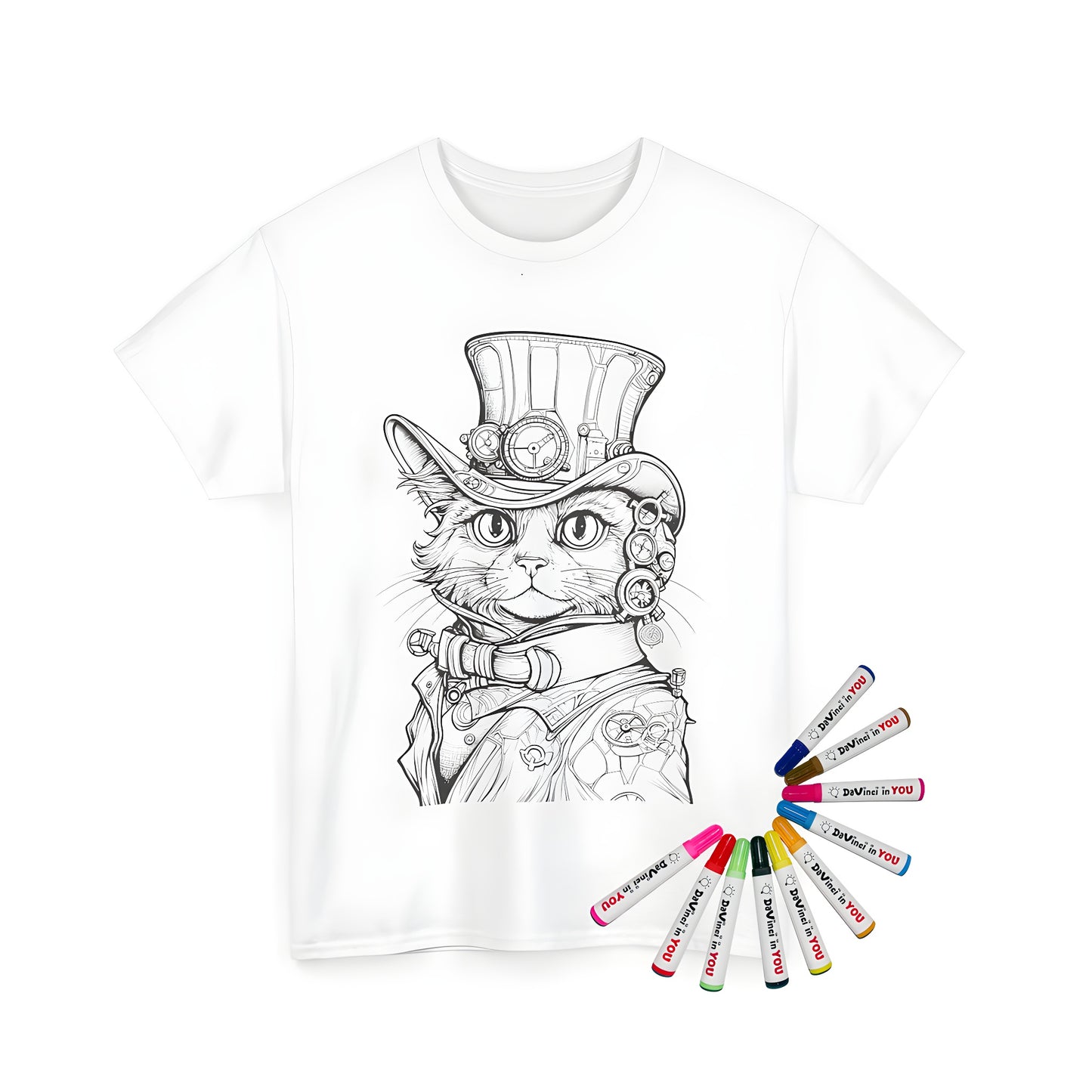 Unisex T-shirt with steampunk cat illustration, featuring top hat and gears. Fabric marker coloring kit included.