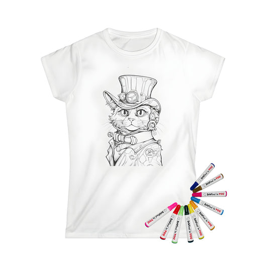 Women's clothing, t-shirts, steampunk cat illustration, coloring kit accessories