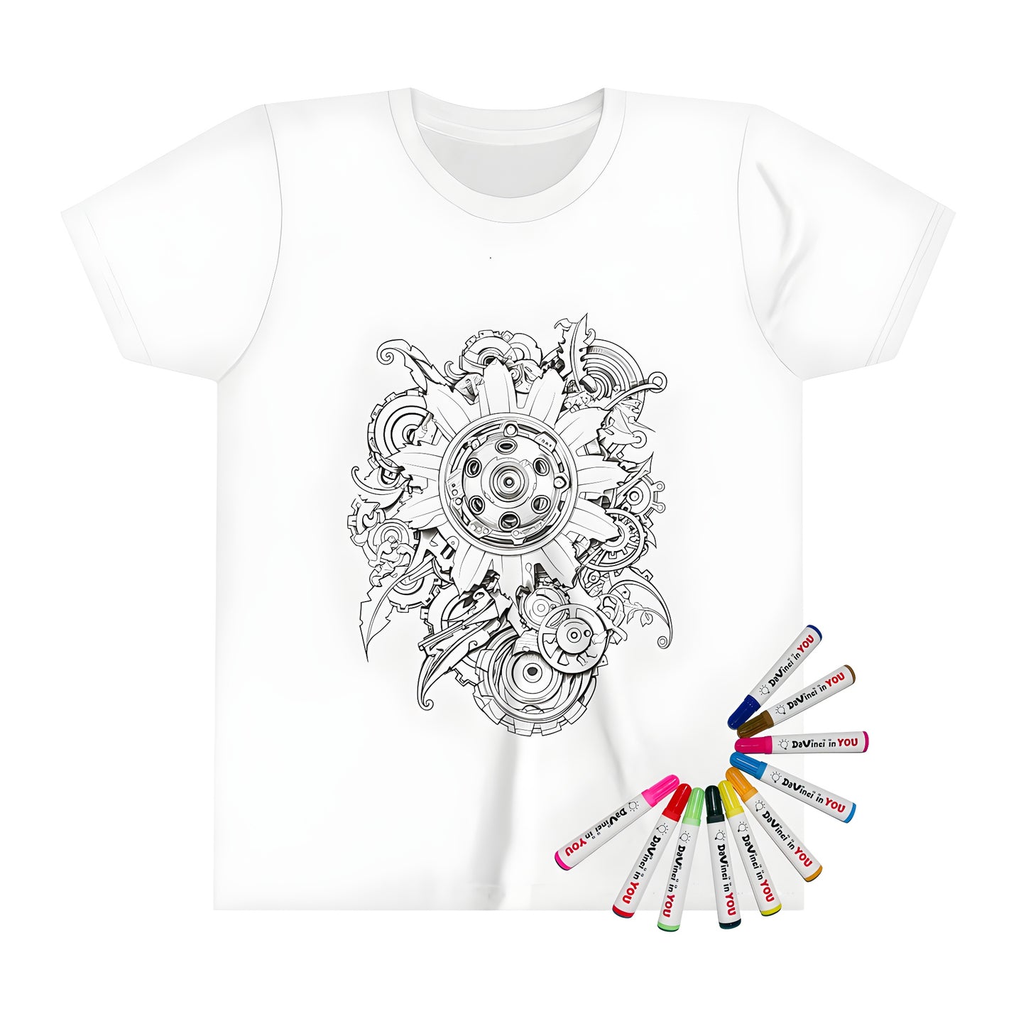 Coloring page illustration t-shirt with intricate mechanical art designs, featuring complex gears and patterns for kids