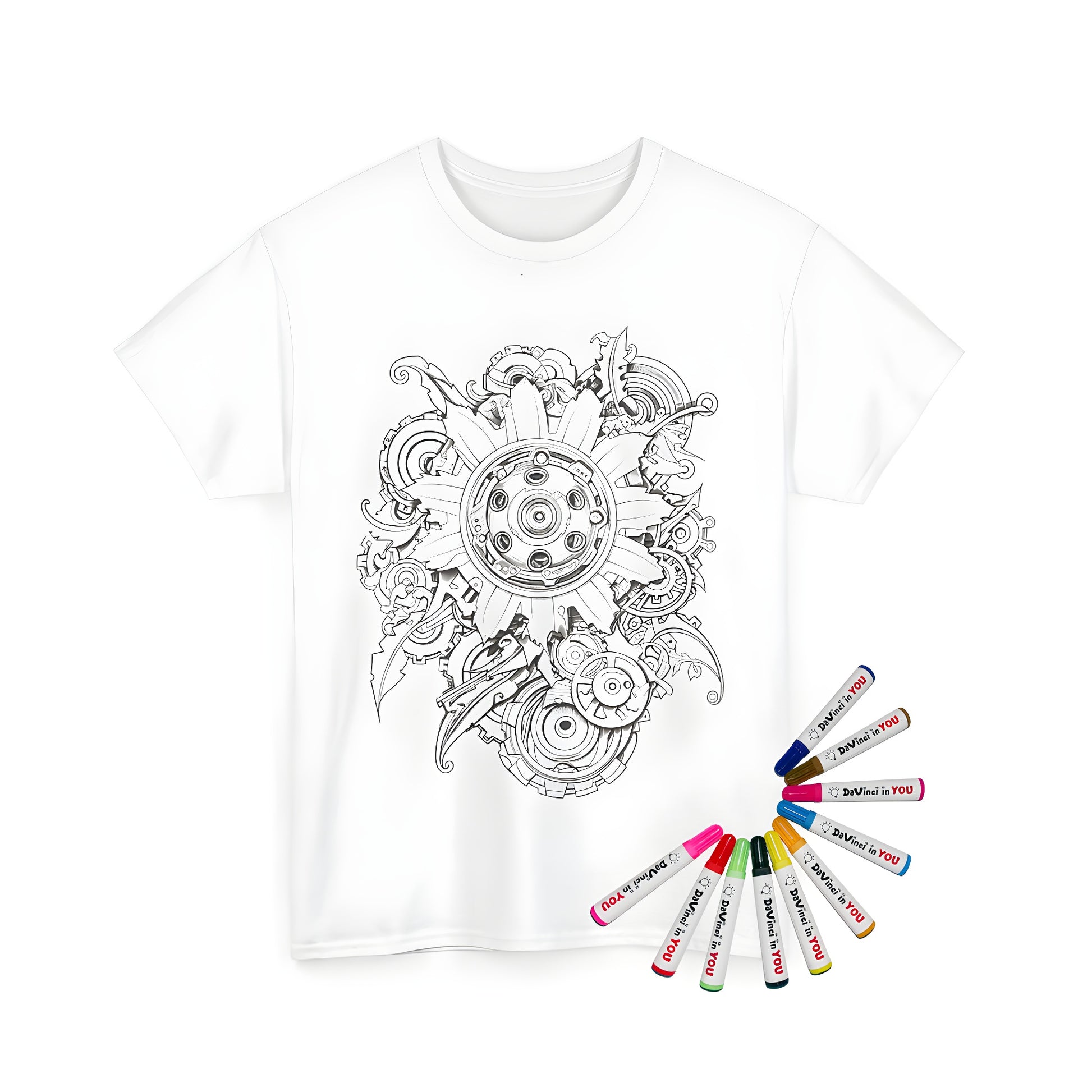 Coloring Kit Unisex T-Shirt with intricate mechanical art design featuring interconnected gears and patterns