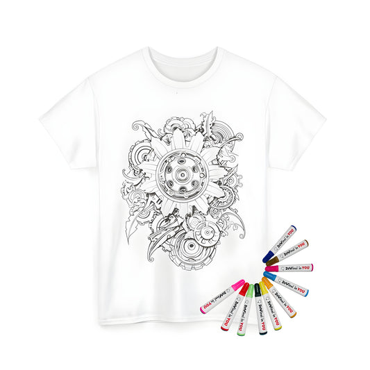 Coloring Kit Unisex T-Shirt with intricate mechanical art design featuring interconnected gears and patterns