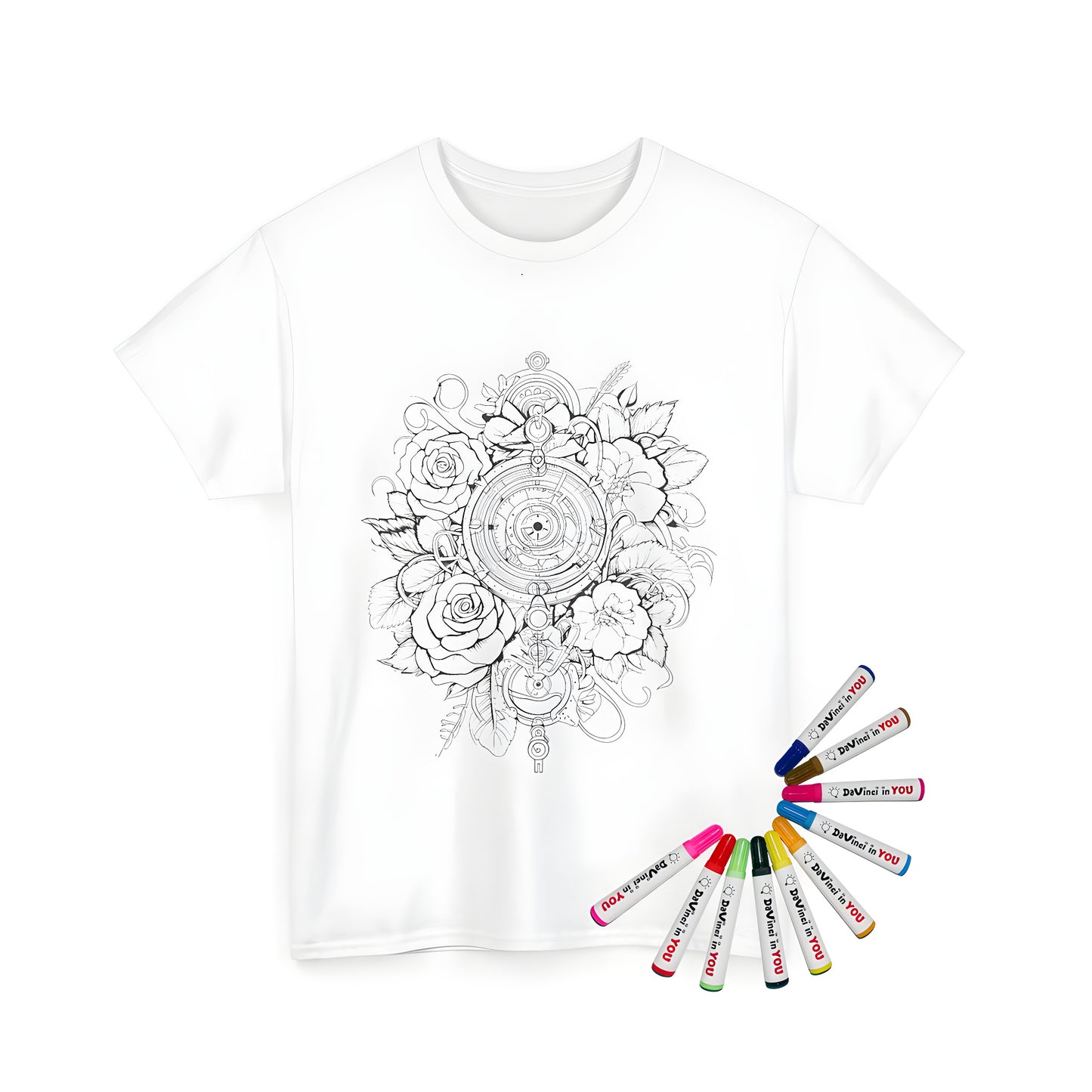 Unisex t-shirt featuring intricate black and white drawing of roses entwined with mechanical elements