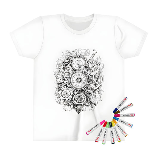 Kid's T-shirt featuring a steampunk-style clock illustration