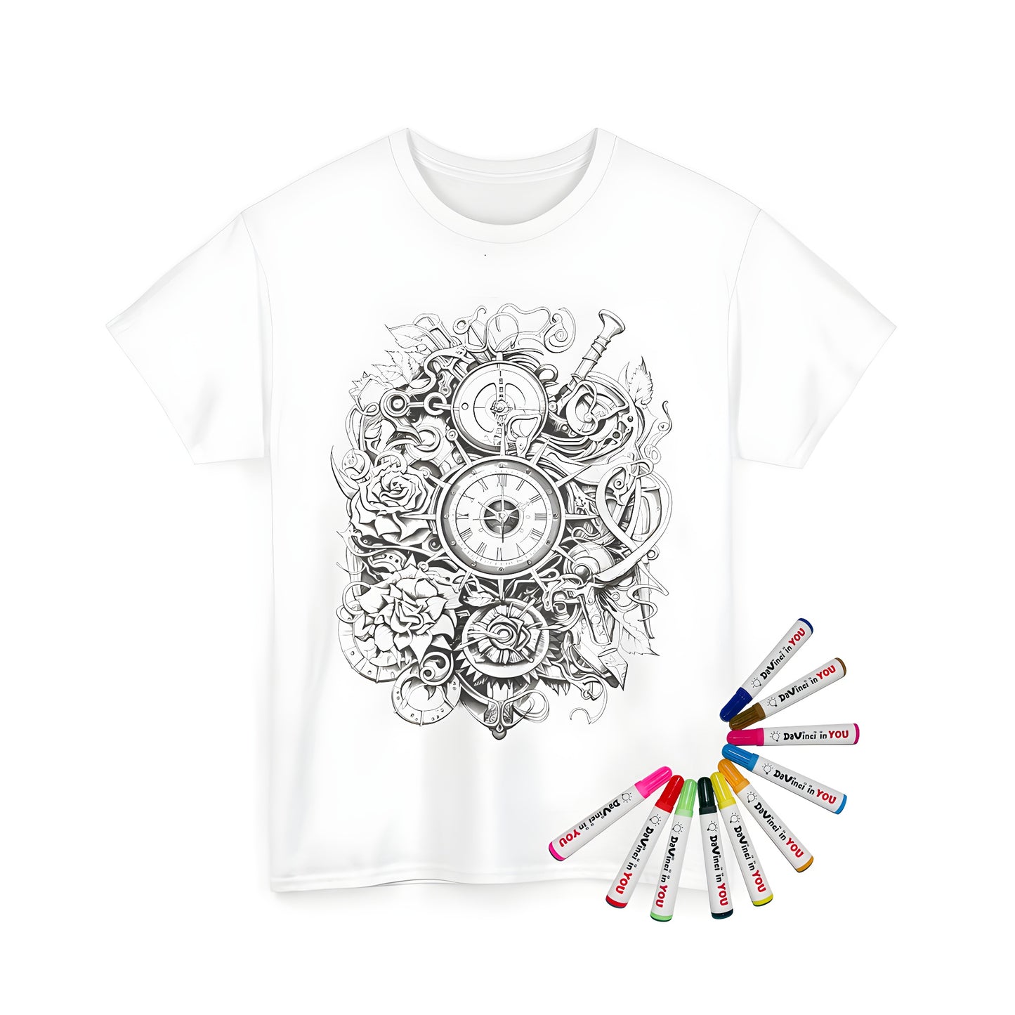 A detailed illustration of a steampunk-style clock surrounded by roses and mechanical elements on a unisex t-shirt, paired with vibrant fabric markers for coloring