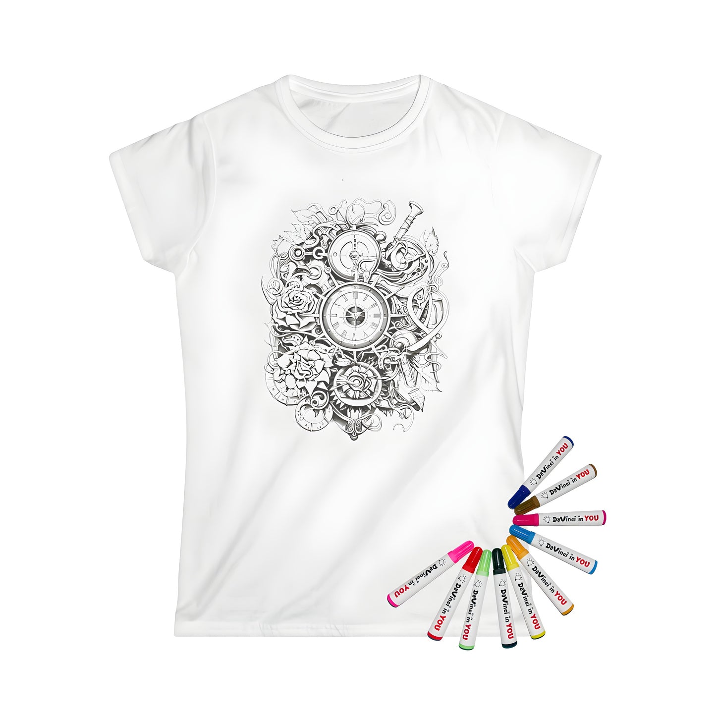 Women's steampunk clothing t-shirt with intricate clock and rose design, featuring gears and mechanical elements